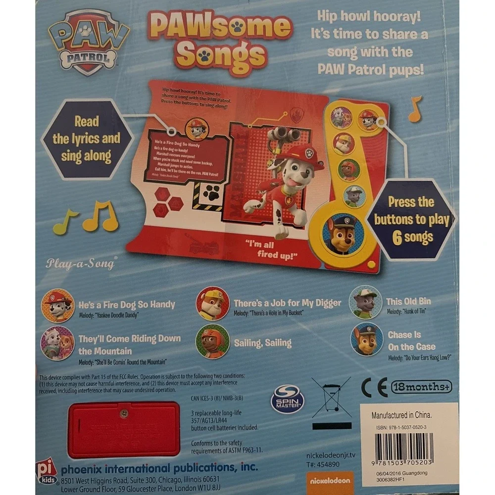 Paw Patrol PAWsome Songs, Play-a-Song, Board Book with Lyrics, Read for 6 Songs
